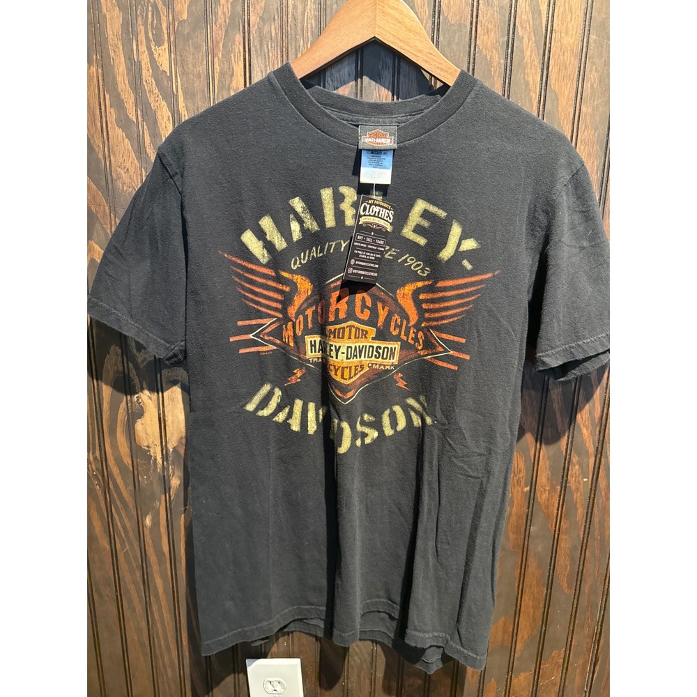 Harley-Davidson Graphic T-Shirt Mens Large Black Distressed Winged Logo Biker T